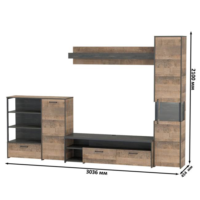 Стенка в гостиную с подсветкой серии Трувор № 21 цвет дуб гранж песочный/интра Стенка в гостиную с подсветкой серии Трувор № 21 цвет дуб гранж песочный/интра