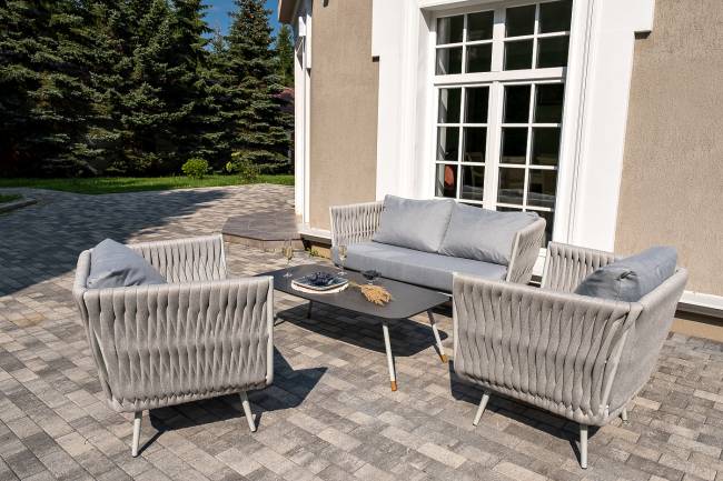 "Монако" лаунж-зона 4-местная из роупа со столом "Верона" (серый гранит), каркас светло-серый, роуп светло-серый "Монако" лаунж-зона 4-местная из роупа со столом "Верона" (серый гранит), каркас светло-серый, роуп светло-серый