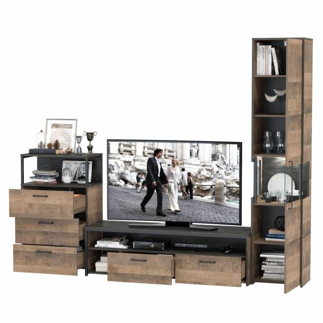 Стенка для гостиной с подсветкой Трувор № 24 цвет дуб гранж песочный/интра Стенка для гостиной с подсветкой Трувор № 24 цвет дуб гранж песочный/интра