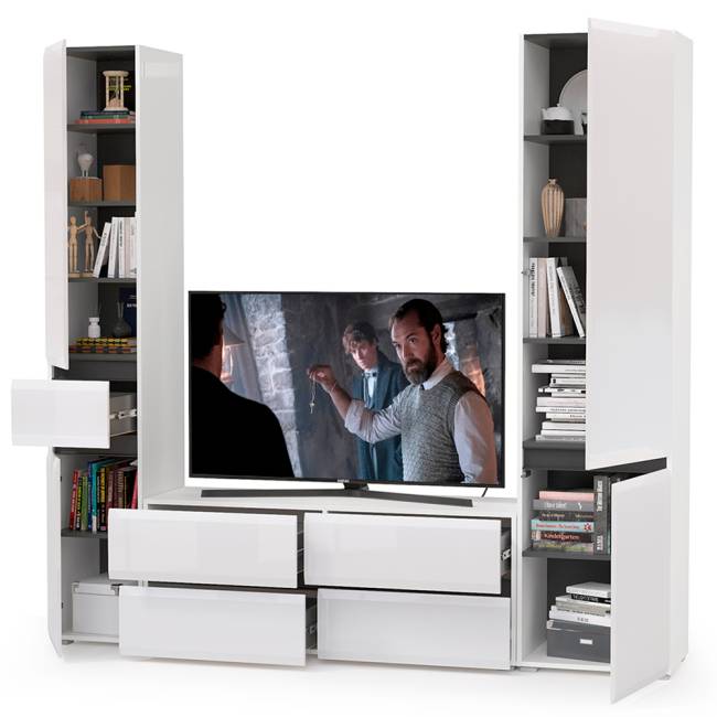 Стенка в гостиную Сидней № 22 цвет белый/чёрный/фасады МДФ белый глянец Стенка в гостиную Сидней № 22 цвет белый/чёрный/фасады МДФ белый глянец