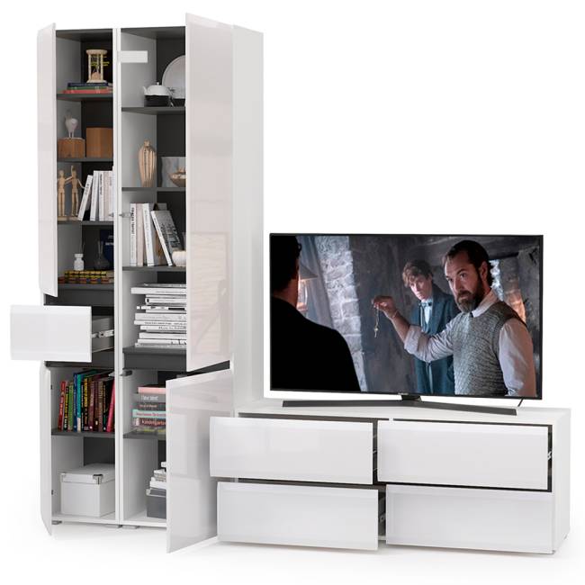 Стенка в гостиную Сидней № 22 цвет белый/чёрный/фасады МДФ белый глянец Стенка в гостиную Сидней № 22 цвет белый/чёрный/фасады МДФ белый глянец