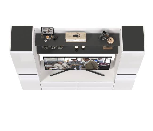 Два пенала с ящиком с двумя полочками и ТВ-тумбой Сидней цвет белый/чёрный/МДФ белый глянец