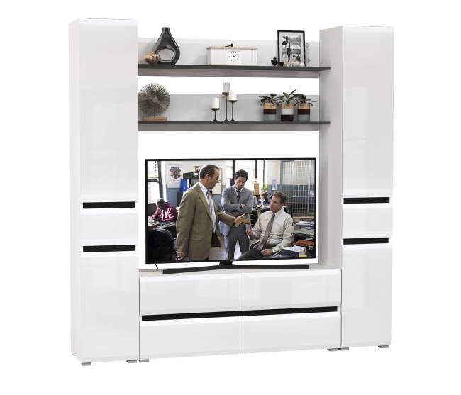 Два пенала с ящиком с двумя полочками и ТВ-тумбой Сидней цвет белый/чёрный/МДФ белый глянец
