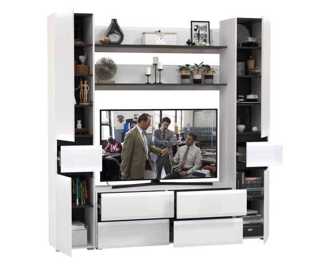 Два пенала с ящиком с двумя полочками и ТВ-тумбой Сидней цвет белый/чёрный/МДФ белый глянец
