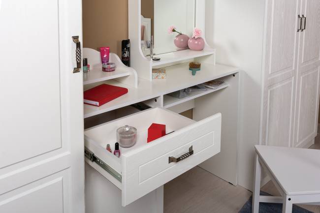 Стол туалетный с зеркалом и настольной полкой Ливерпуль цвет ясень ваниль/белый