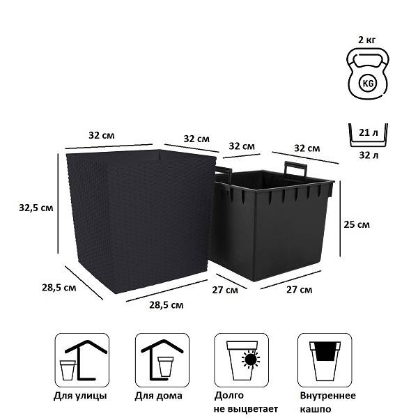 Кашпо для цветов RATO LOW DRTS325L-S433 антрацит 2 предмета 21 и 32л Кашпо для цветов RATO LOW DRTS325L-S433 антрацит 2 предмета 21 и 32л